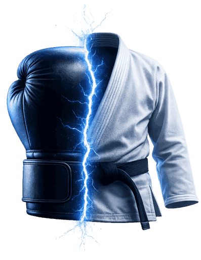 Un guante de boxeo color negro y un gi de jiujitsu brasileño separados por un rayo azul eléctrico