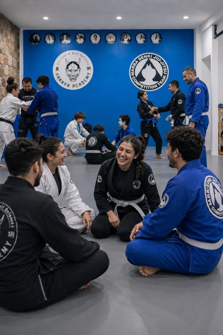Una academia de jiujitsu con muchos practicantes sobre el tatami, sonriendo y haciendo comunidad