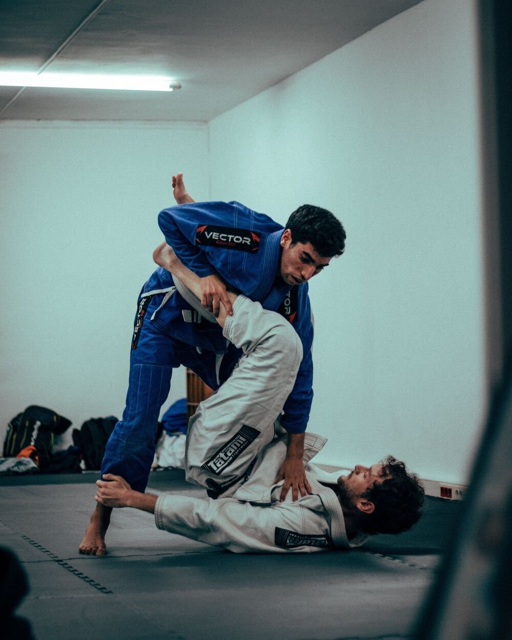 Dos practicantes de jiujitsu brasileño luchando, uno con gi azul y otro con gi blanco